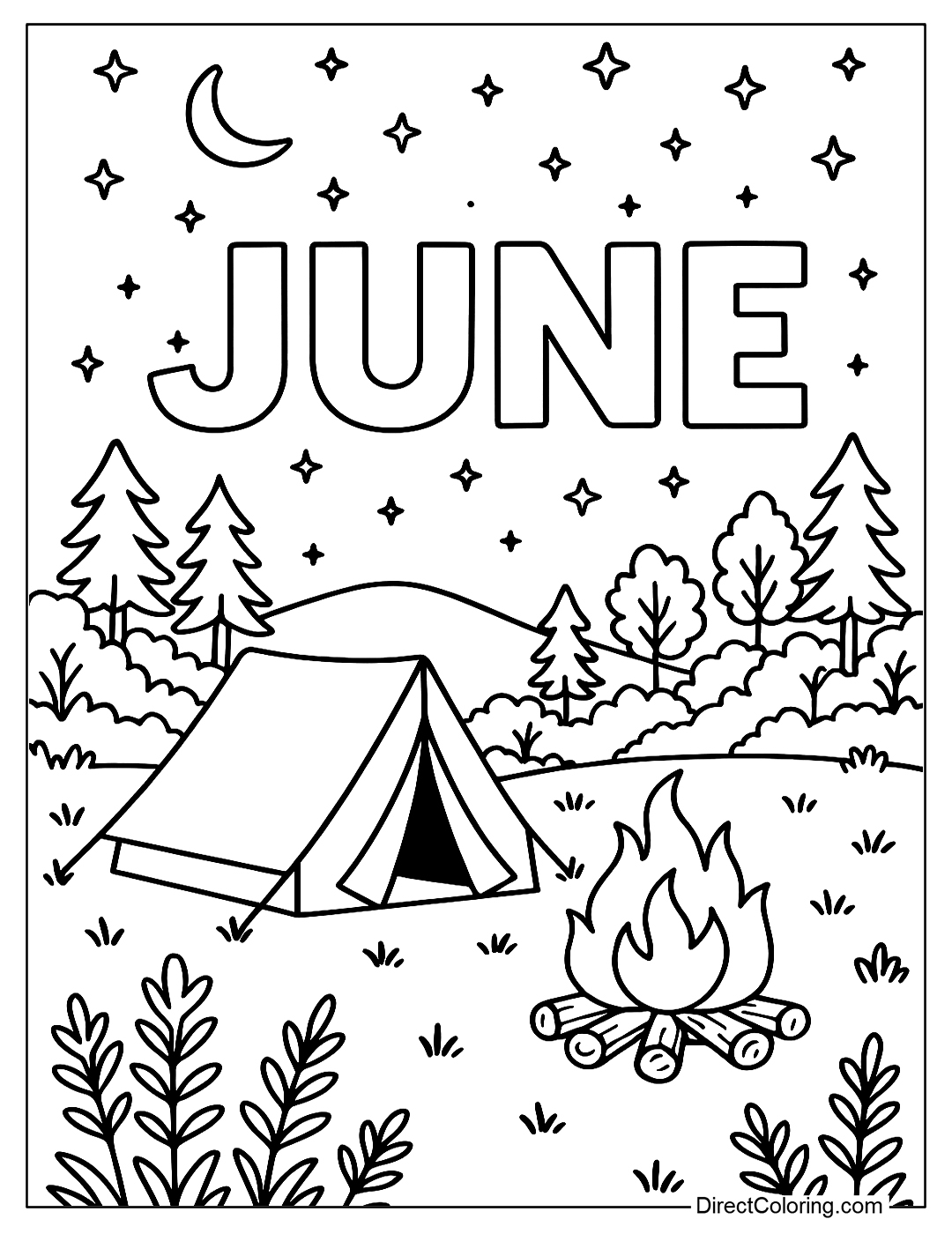 a June camping coloring page with a tent, campfire, and stars